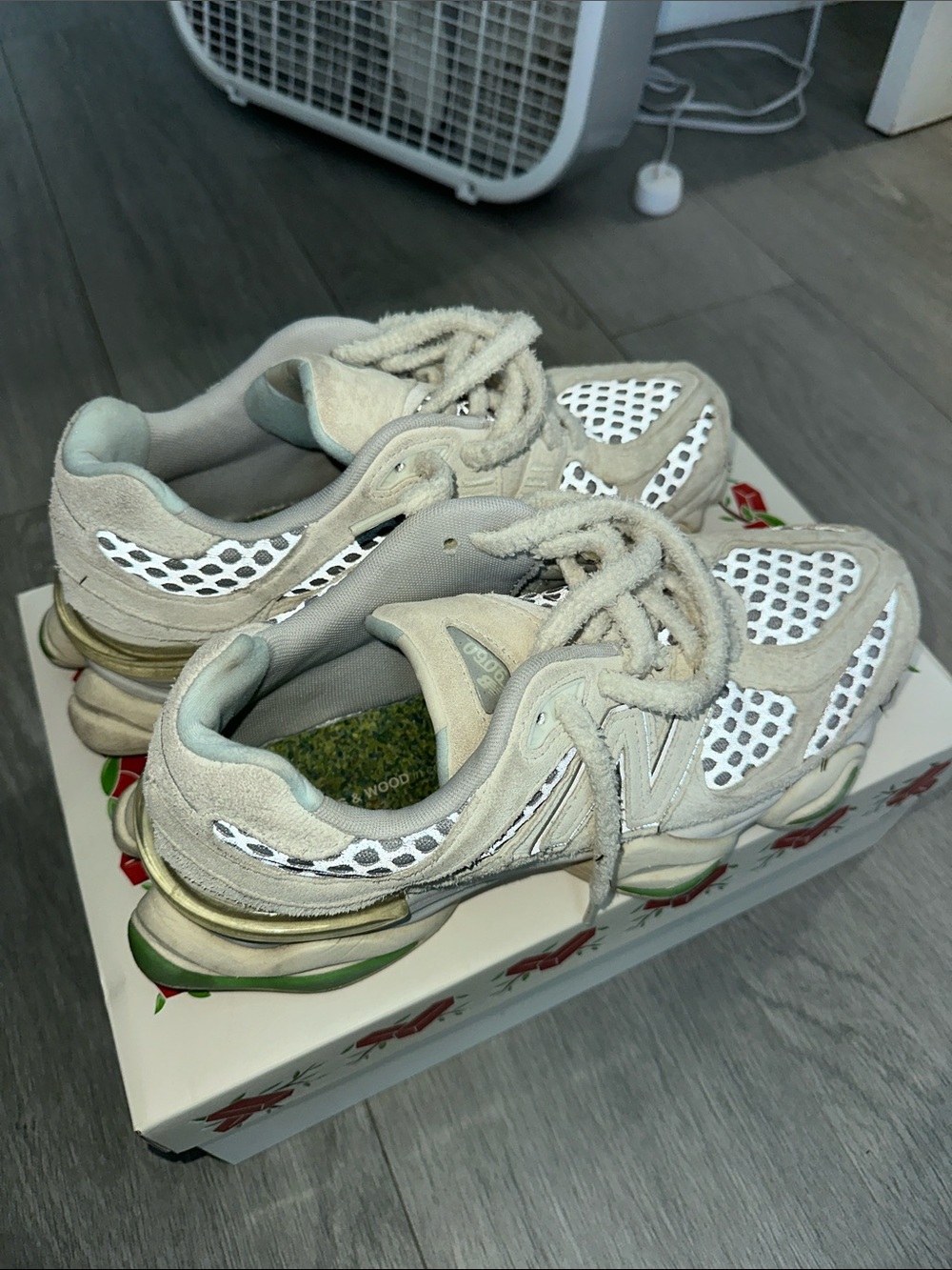 New Balance x Bricks & Wood - Beige White Mesh Sneakers with Green Accents